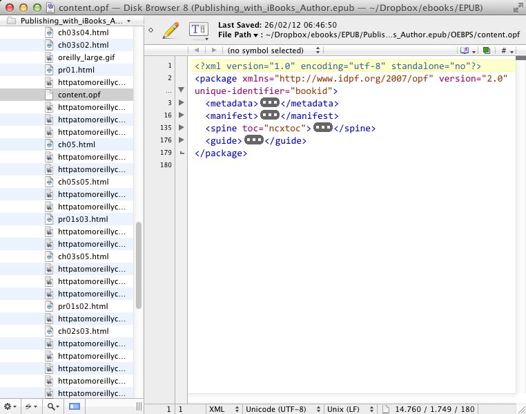 Archivo content.opf mostrado en BBEdit Archivo content.opf mostrado en BBEdit